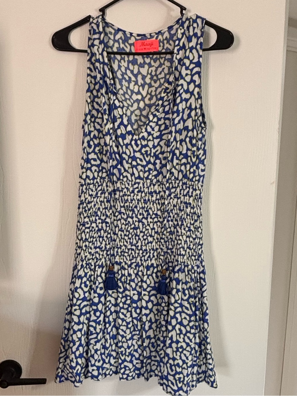 Maaji Blue and White Printed Sleeveless Smocked Mini Dress